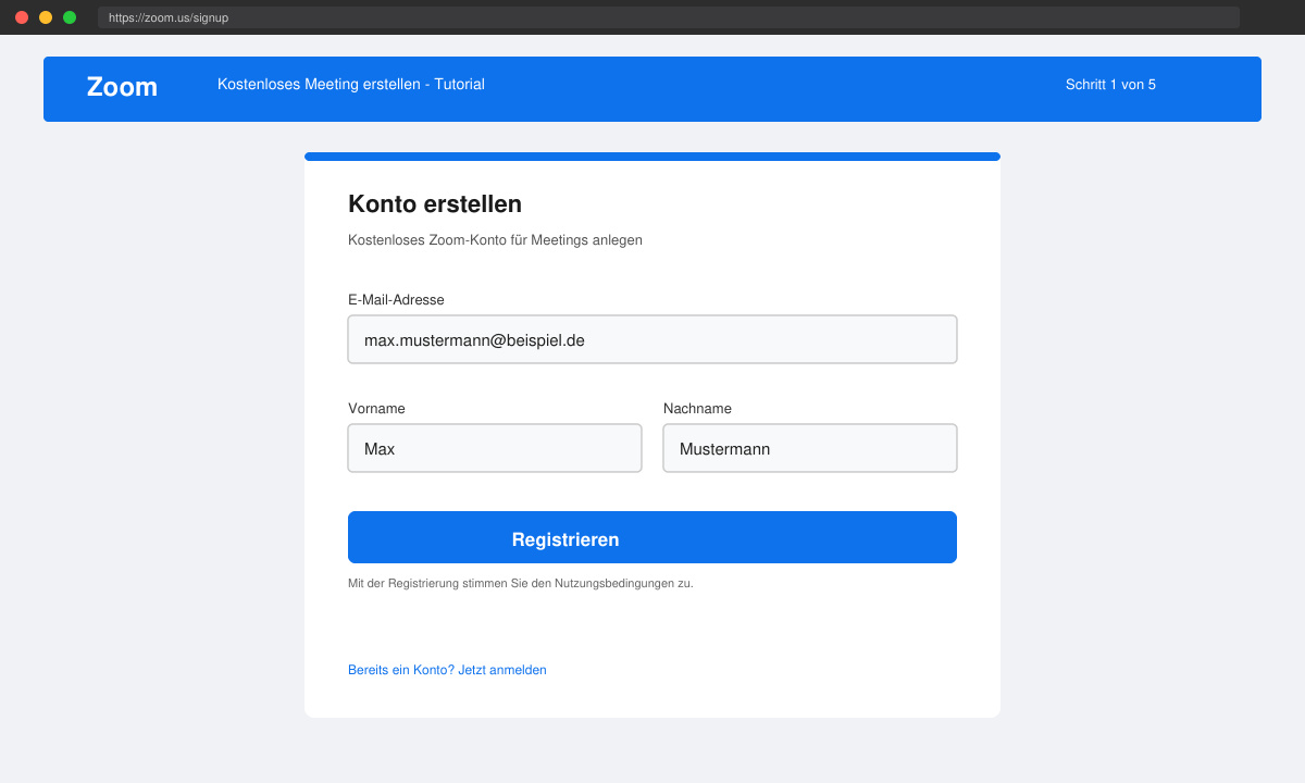 Zoom-Registrierungsseite mit Eingabefeld für die E-Mail-Adresse