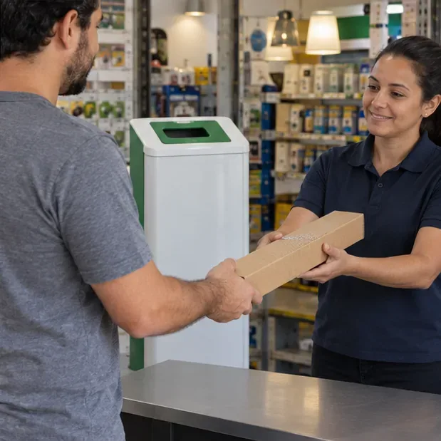 Morador entrega uma lâmpada tubular protegida a uma funcionária em um ponto de coleta.