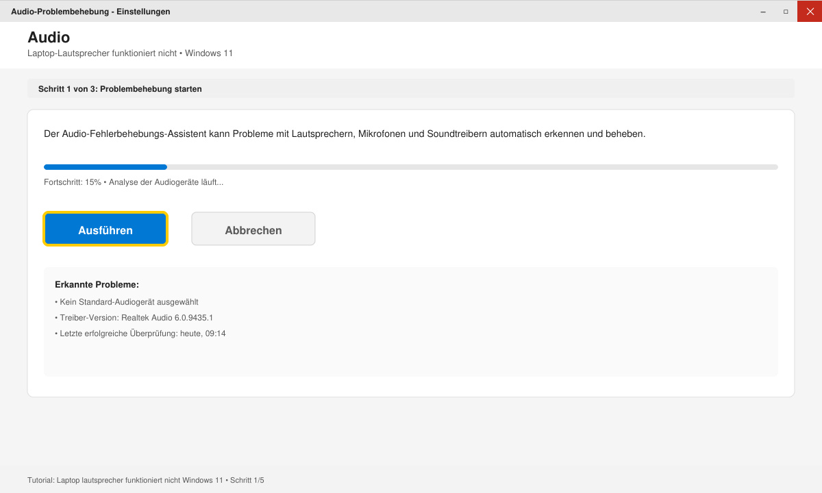 Screenshot der Windows 11 Problembehebung für Audio mit hervorgehobener Schaltfläche „Ausführen“