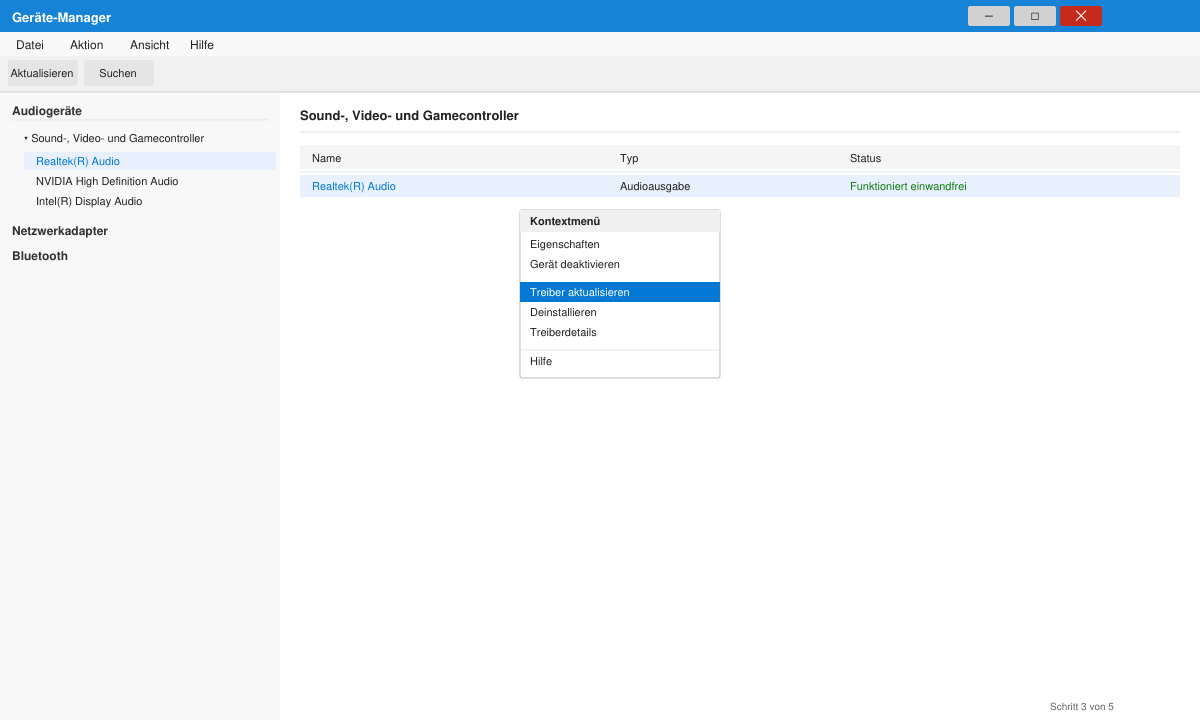 Geräte-Manager unter Windows 11 mit geöffnetem Kontextmenü für den Realtek-Treiber