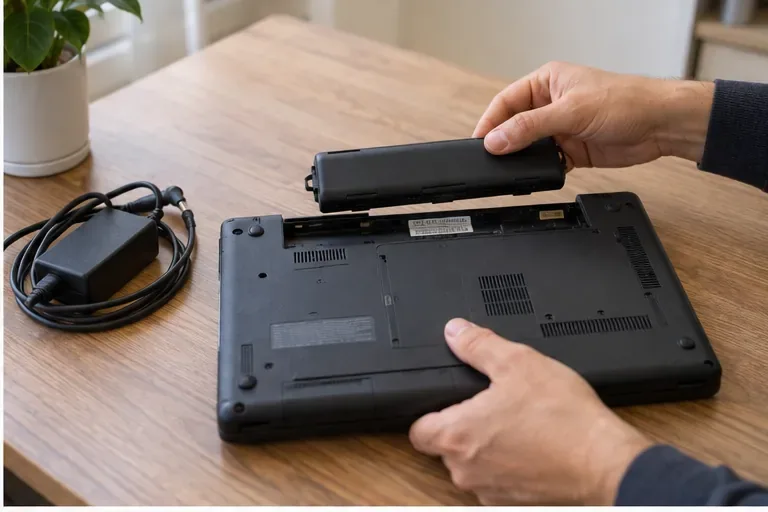 Handen nemen een uitneembare laptopaccu voorzichtig uit een laptop die op tafel ligt