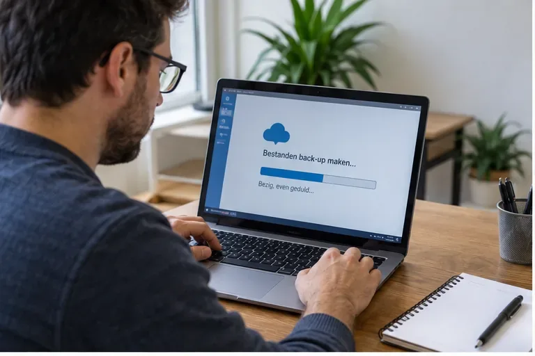 Een gebruiker maakt thuis een back-up van bestanden op een laptop voordat het apparaat wordt ingeleverd