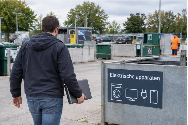 Een inwoner loopt met een oude laptop naar een container voor elektrische apparaten op een recyclingterrein