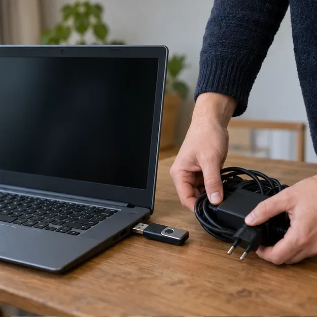 Een hand haalt een USB-stick en oplader los van een laptop met een donker scherm