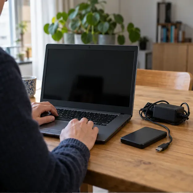 Een persoon controleert een oudere laptop aan een tafel met een externe schijf en oplader
