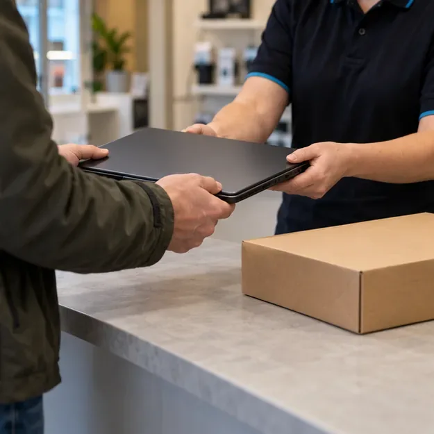 Een klant geeft een gesloten laptop aan een winkelmedewerker bij een balie naast een doos voor een nieuw apparaat