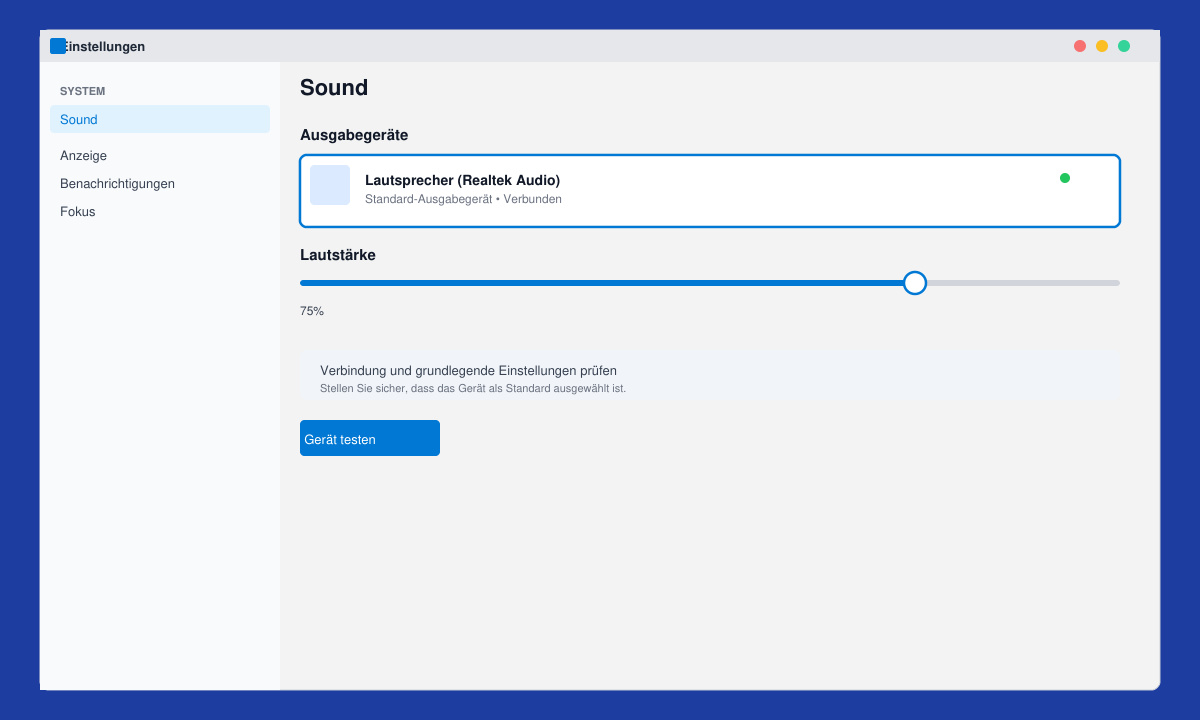 Windows 11 Sound-Einstellungsfenster mit markiertem Ausgabe-Gerät und Lautstärkeregler
