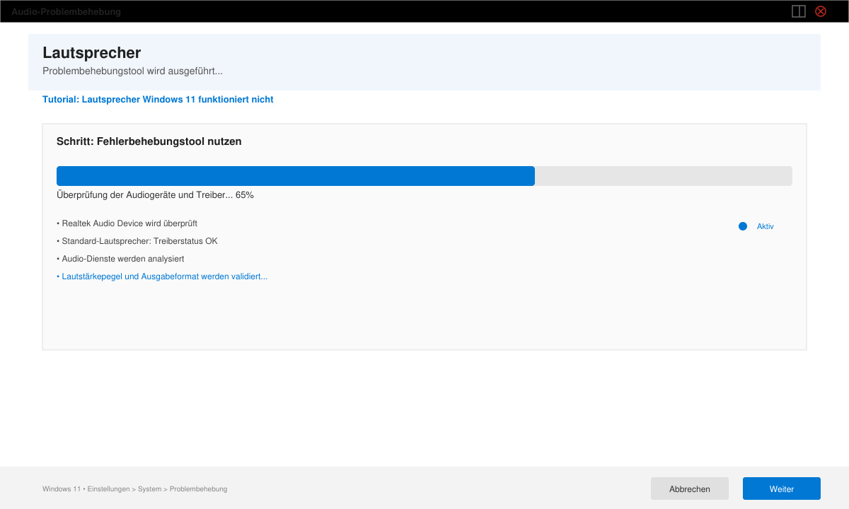 Windows 11 Audio-Problembehebungstool in Aktion mit Fortschrittsanzeige