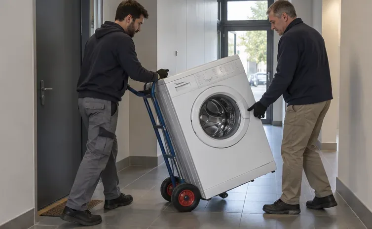 Deux adultes déplacent un lave-linge maintenu sur un diable pour électroménager dans un couloir dégagé.