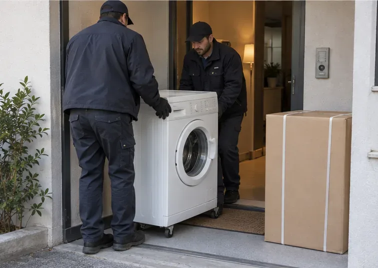 Deux livreurs sortent un lave-linge usagé du logement près d’un grand carton d’électroménager.