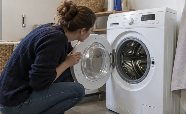 Une personne vérifie le tambour vide d’un lave-linge à hublot dans une buanderie.