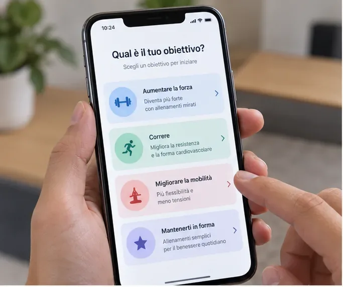 Smartphone con una schermata di scelta dell'obiettivo fitness tra forza, corsa, mobilità e mantenimento della forma