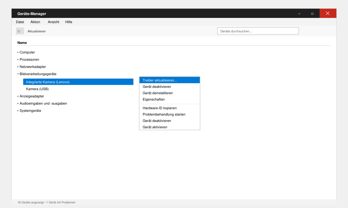 Screenshot des Windows 11 Geräte-Managers mit hervorgehobener Lenovo Kamera und Kontextmenü