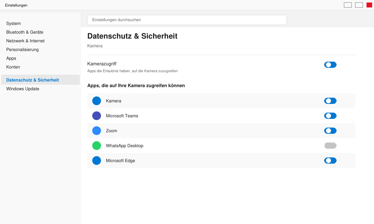 Windows 11 Datenschutzeinstellungen mit aktiviertem Kamerazugriff und Liste der Apps
