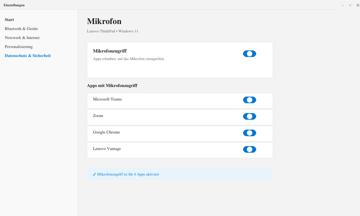 Windows 11 Datenschutzeinstellungen mit aktiviertem Mikrofonzugriff