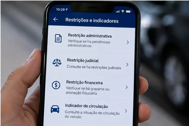 Tela de celular com categorias de restrição administrativa, judicial, financeira e indicador de circulação