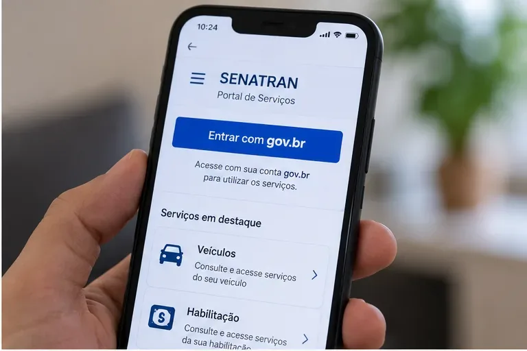 Celular exibindo uma tela de acesso ao Portal de Serviços SENATRAN com botão para entrar com gov.br