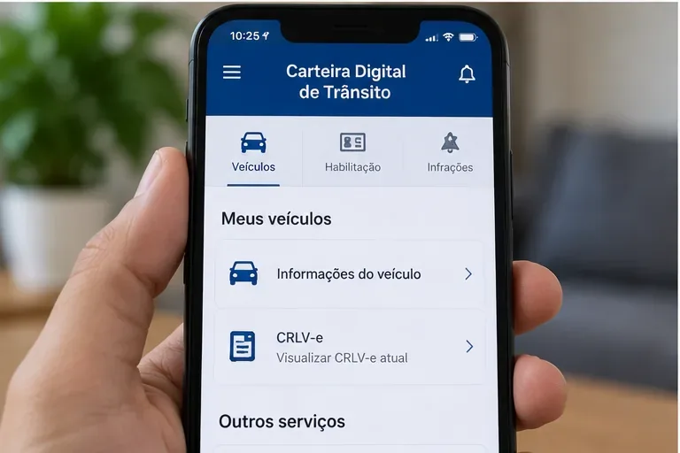 Celular mostrando a área de veículos da Carteira Digital de Trânsito e a opção de visualizar o CRLV-e