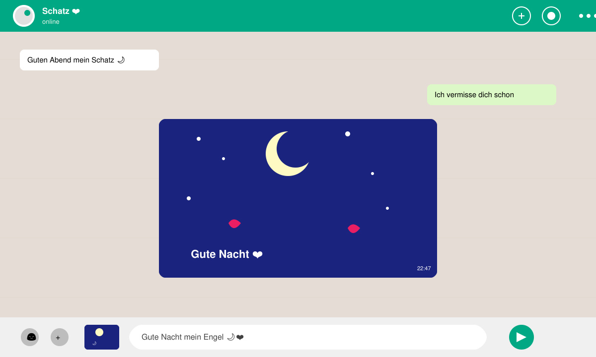 Versenden eines Liebe gute Nacht Bildes für WhatsApp im Chat-Fenster