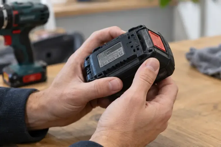 Een hand controleert het etiket op een losse accu van elektrisch gereedschap.