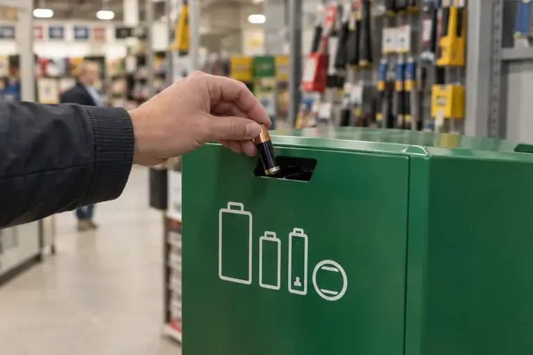Een hand brengt een kleine cilindervormige huishoudbatterij naar een batterij-inzamelbak in een winkel.