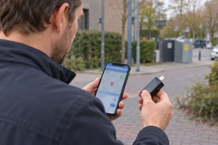 Een inwoner bekijkt op een smartphone een kaart terwijl hij een losse batterij vasthoudt