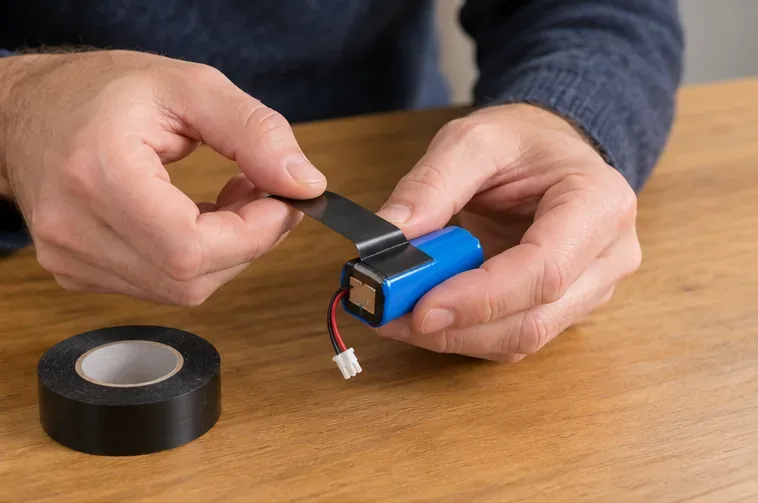 Een hand plakt isolatietape over de metalen contacten van een losse, onbeschadigde oplaadbare batterij