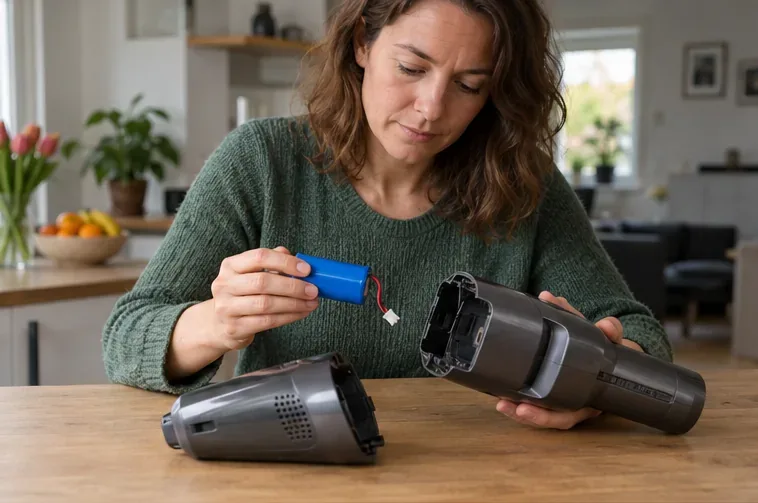Een vrouw haalt een uitneembare batterij uit een elektrisch apparaat en legt de batterij apart van het apparaat