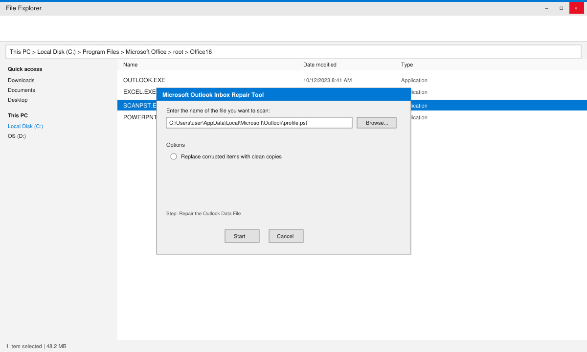 Windows File Explorer showing the SCANPST.EXE tool location and repair interface