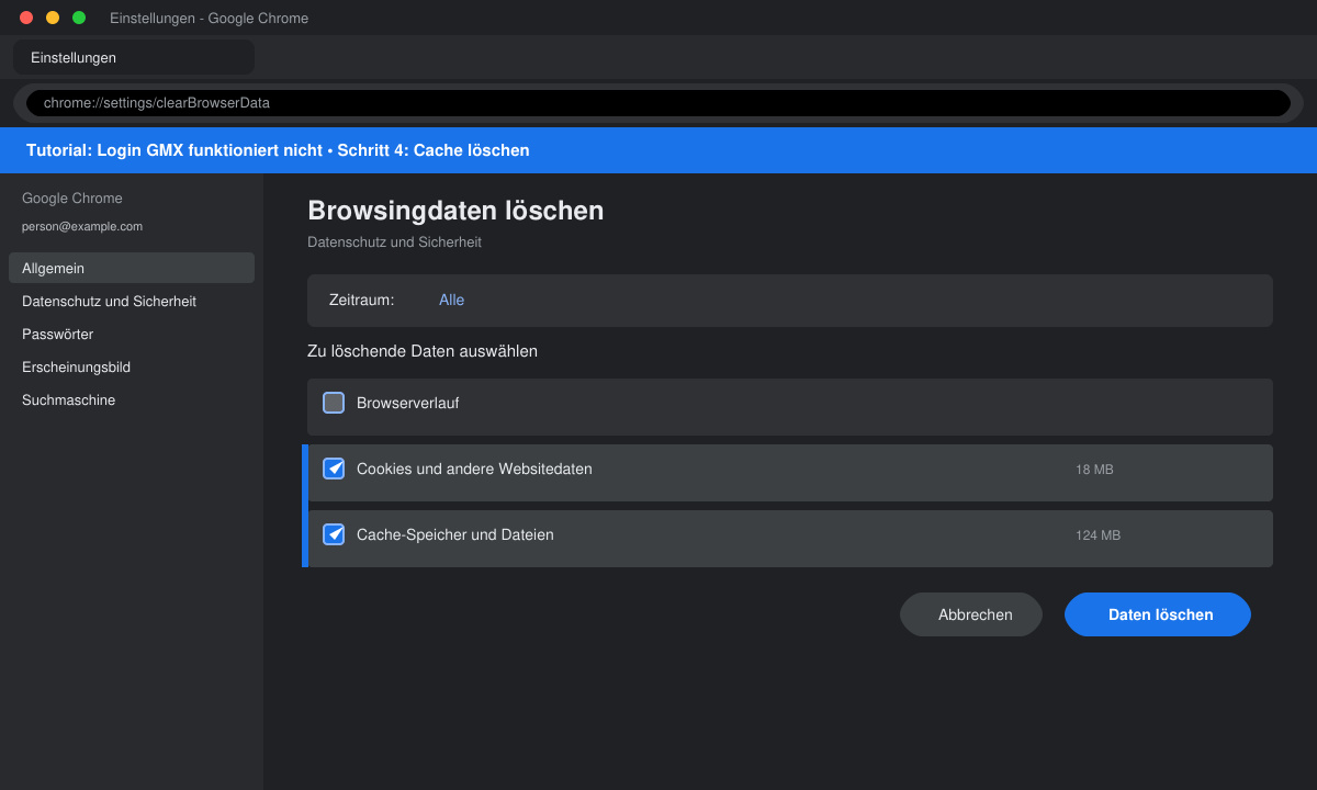 Cache löschen im Browser zur Behebung von Login GMX funktioniert nicht
