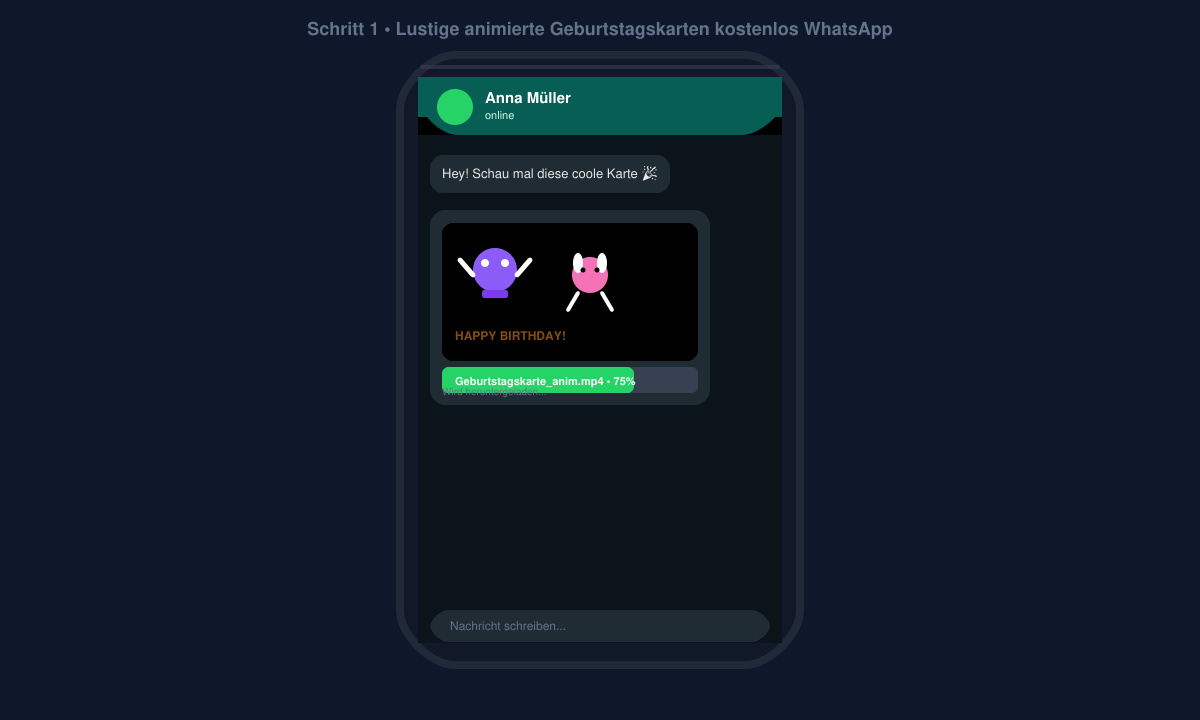 Nahaufnahme eines Smartphones, auf dem eine animierte Geburtstagskarte mit tanzenden Tieren heruntergeladen wird