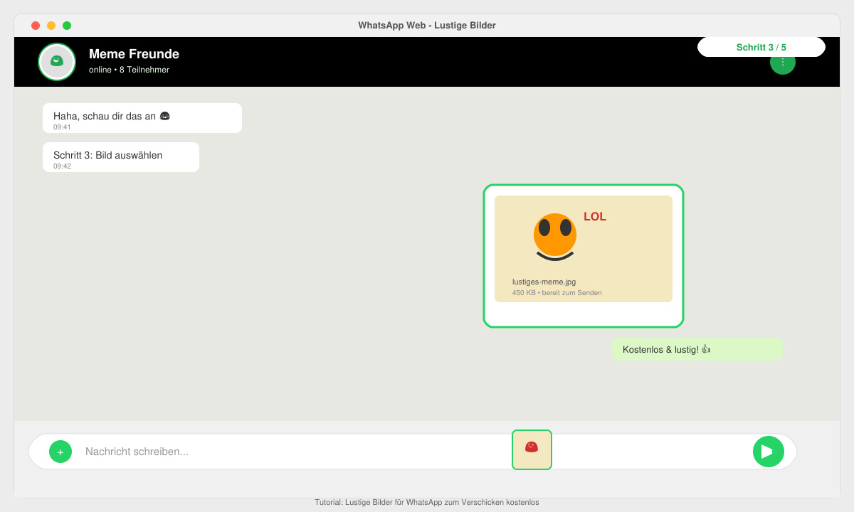 WhatsApp-Chat-Fenster mit angehängtem lustigen Bild und Senden-Button