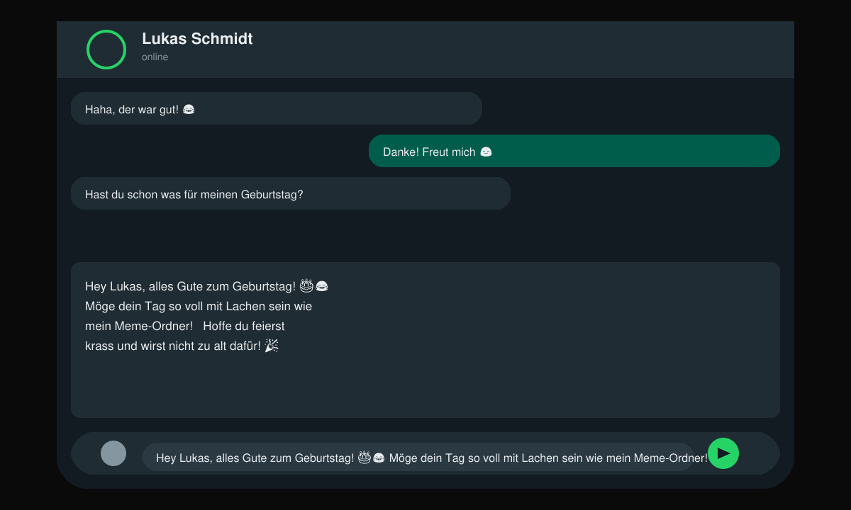 WhatsApp-Chatfenster mit eingefügtem lustigen Geburtstagsgruß