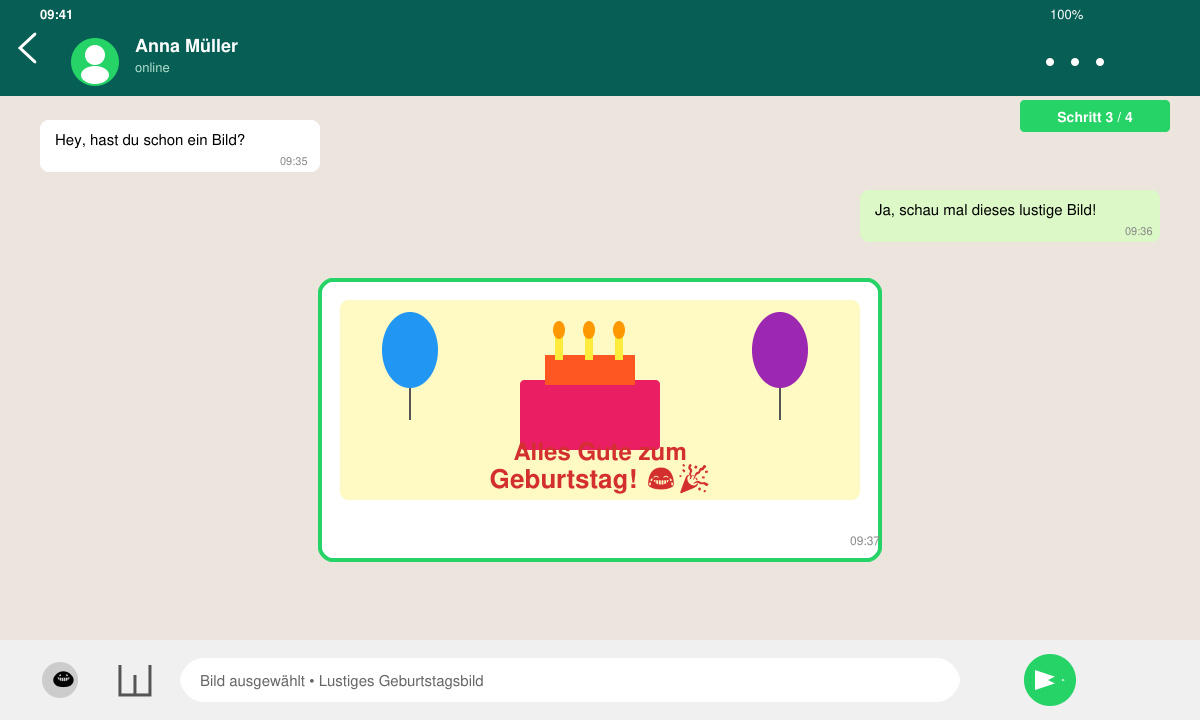 WhatsApp Chat-Fenster mit ausgewähltem lustigen Geburtstagsbild und Sende-Button