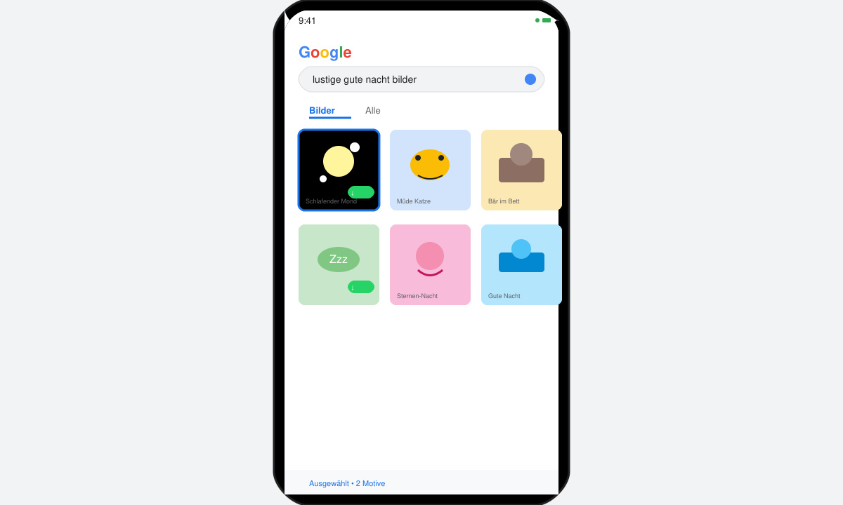 Smartphone-Bildschirm zeigt Google-Bildersuche mit lustigen Gute-Nacht-Motiven und Download-Button