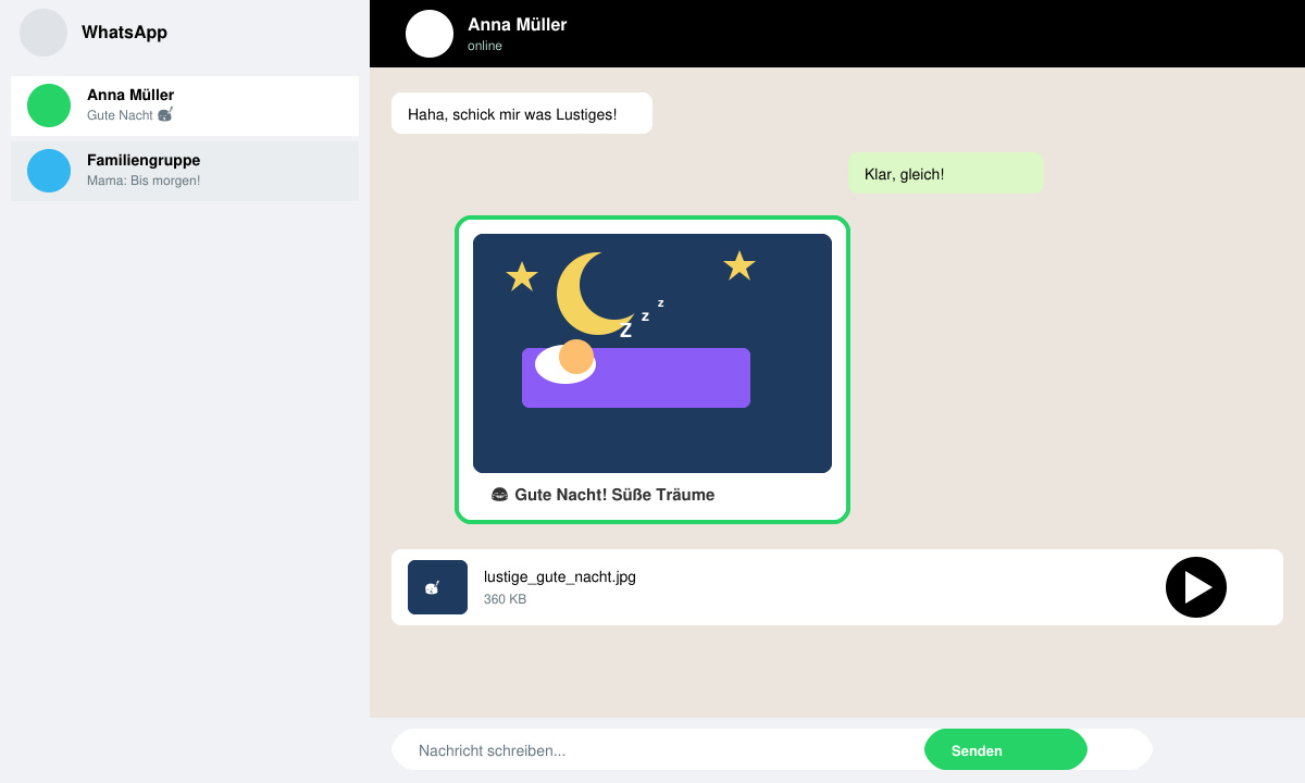 WhatsApp-Chat-Fenster mit ausgewähltem lustigen Gute-Nacht-Bild und Senden-Button