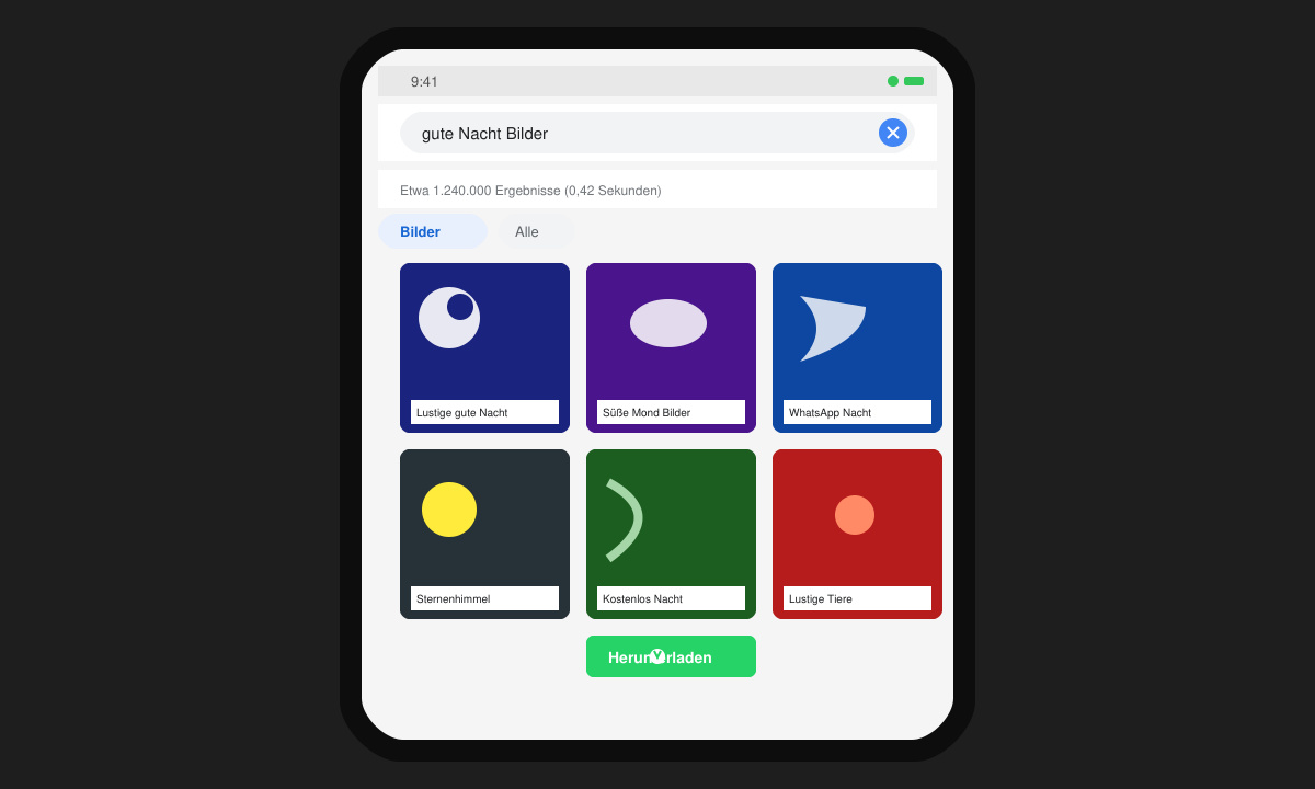 Browser mit Suchergebnissen und Download-Button für ein Gute-Nacht-Bild