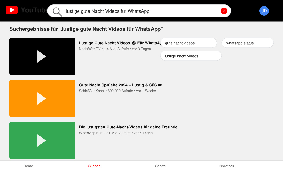 YouTube-Suche nach lustigen guten Nacht Videos für WhatsApp