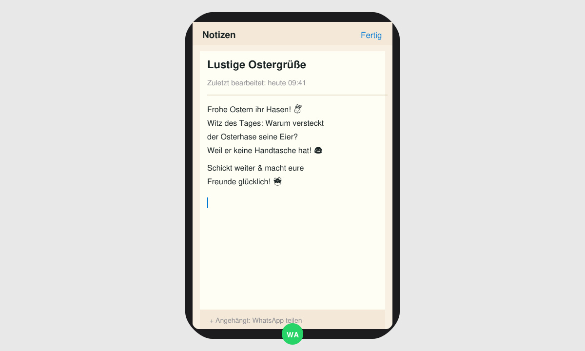 Close-up of a phone screen where someone is editing a funny Easter greeting text in the notes app