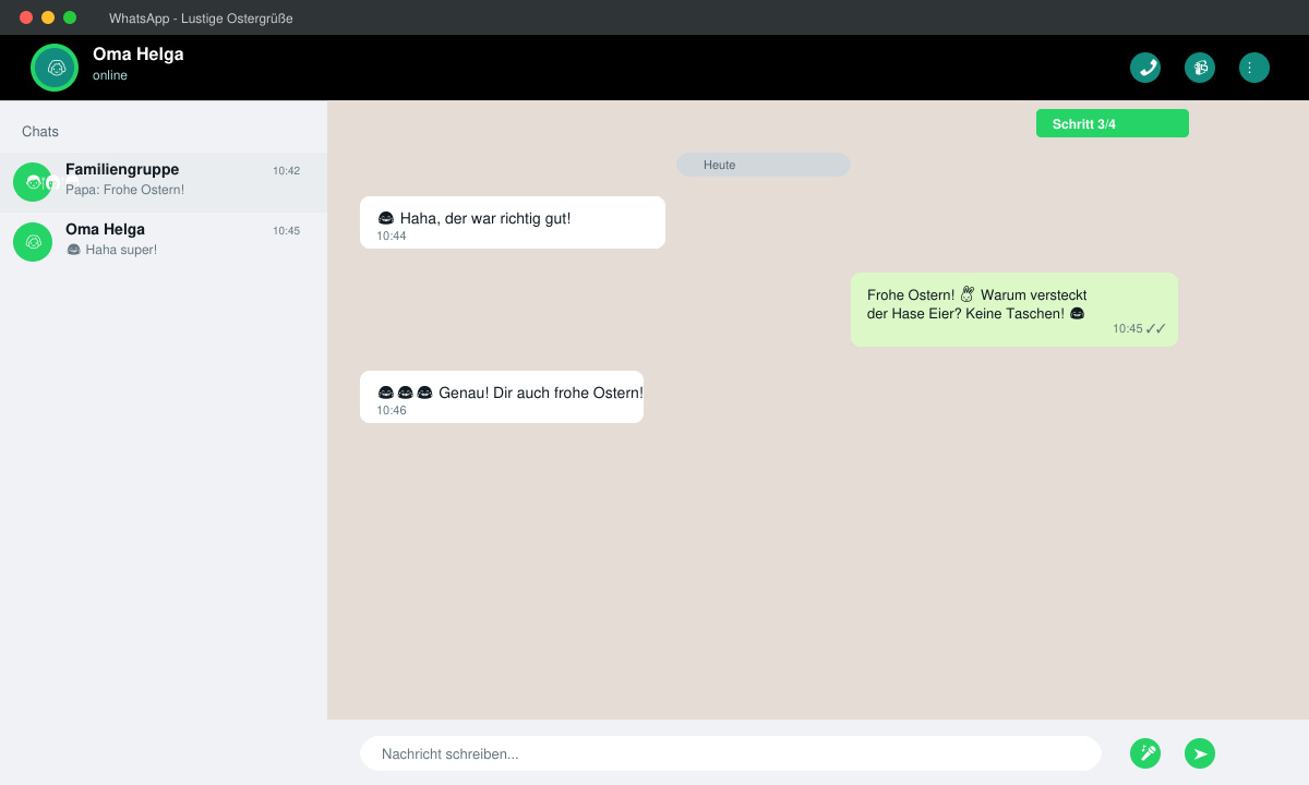 WhatsApp chat window after sending a funny Easter greeting, showing the message with emojis and a laughing reply