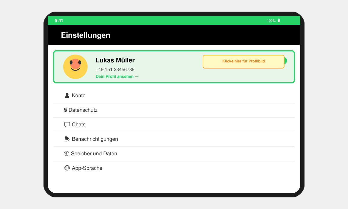 WhatsApp-Einstellungsmenü mit hervorgehobenem Profil-Eintrag auf dem Display