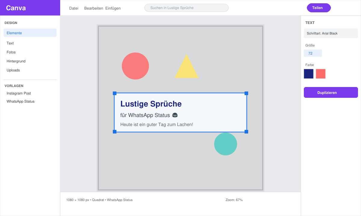 Canva Oberfläche zum Erstellen von lustige sprüche bilder für WhatsApp