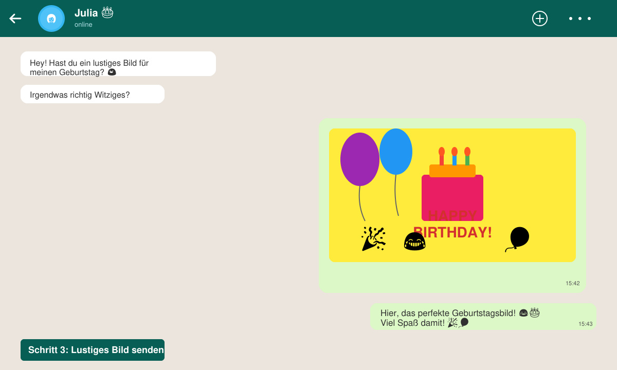 WhatsApp-Chat mit versendetem lustigen Geburtstagsbild und Emojis