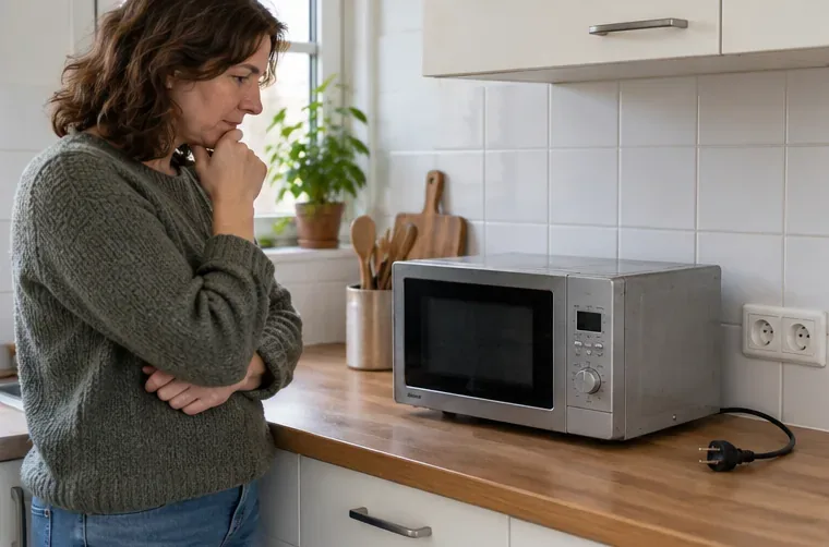 Een vrouw staat naast een oude magnetron op het keukenblad; de stekker ligt los op het aanrecht en is niet in het stopcontact.