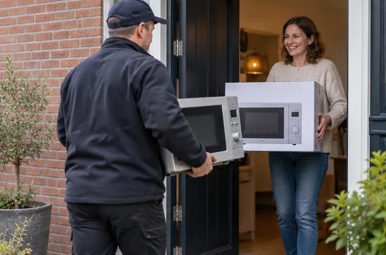 Bij een voordeur geeft een bezorger een nieuwe magnetron in een doos af terwijl hij de oude magnetron meeneemt.