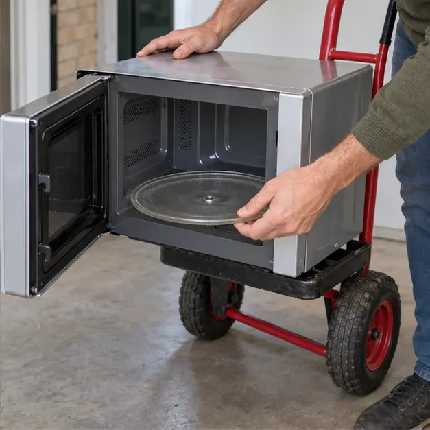 Een losse glazen draaischotel wordt uit een magnetron gehaald terwijl het apparaat op een transportkar staat