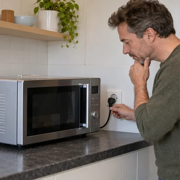 Een bewoner beoordeelt een magnetron op het aanrecht en trekt de stekker uit het stopcontact