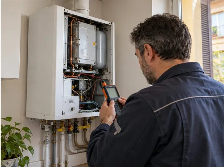 Tecnico qualificato controlla una caldaia murale con uno strumento portatile