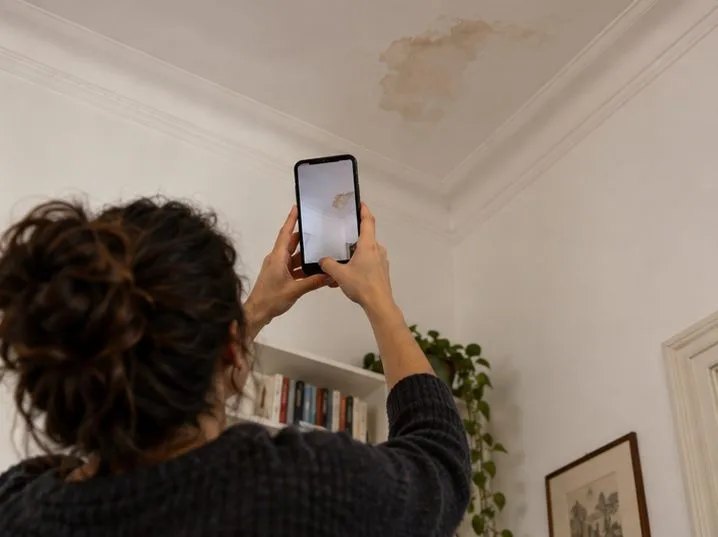 Un’inquilina fotografa con il telefono una macchia d’acqua sul soffitto per segnalarla