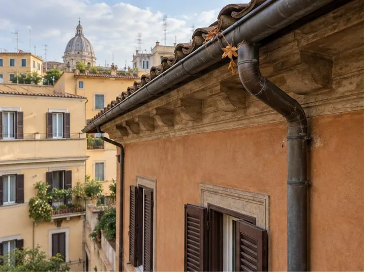Grondaia e pluviale su un edificio romano osservati dal cortile, con alcune foglie vicino allo scarico